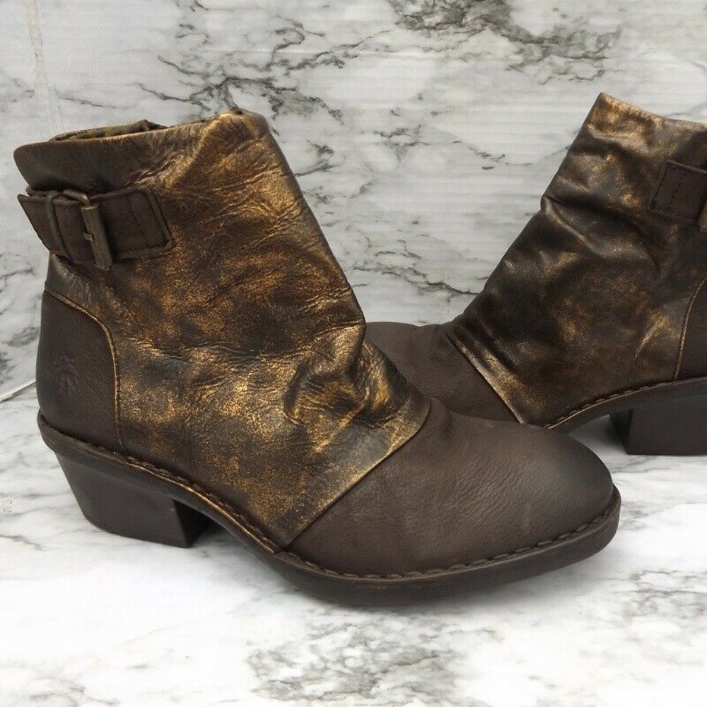 NEW Fly London Dape Brown Block Heel Leather Ankle